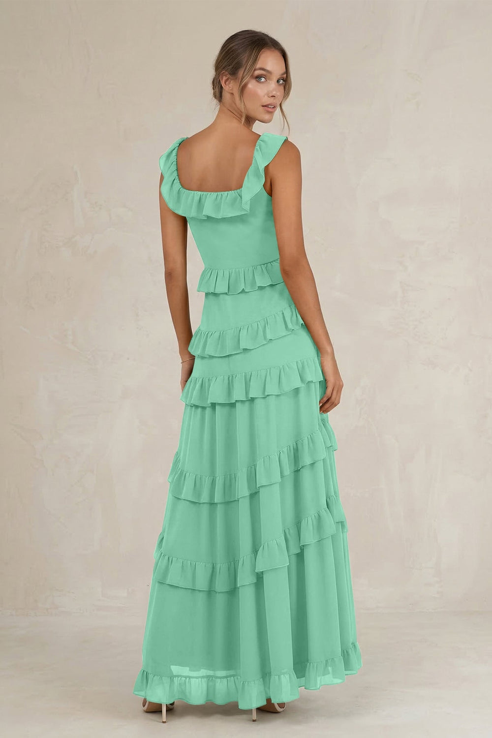 Tiered Square Neck Ruffled A - Line Bridesmaid Dress in Turquoise - KissProm Bridesmaid Dresses