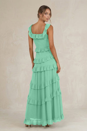 Tiered Square Neck Ruffled A - Line Bridesmaid Dress in Turquoise - KissProm Bridesmaid Dresses