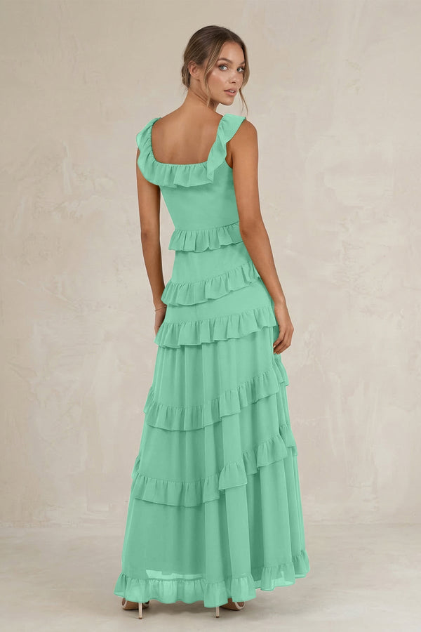 Tiered Square Neck Ruffled A - Line Bridesmaid Dress in Turquoise - KissProm Bridesmaid Dresses