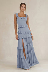 Tiered Square Neck Ruffled A - Line Bridesmaid Dress in Twilight - KissProm Bridesmaid Dresses