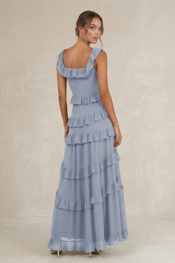 Tiered Square Neck Ruffled A - Line Bridesmaid Dress in Twilight - KissProm Bridesmaid Dresses