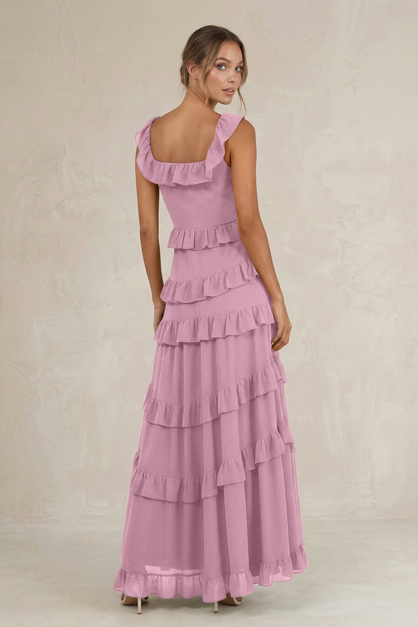 Tiered Square Neck Ruffled A - Line Bridesmaid Dress in Vintage Mauve - KissProm Bridesmaid Dresses