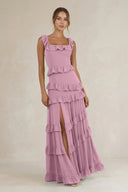 Tiered Square Neck Ruffled A - Line Bridesmaid Dress in Vintage Mauve - KissProm Bridesmaid Dresses