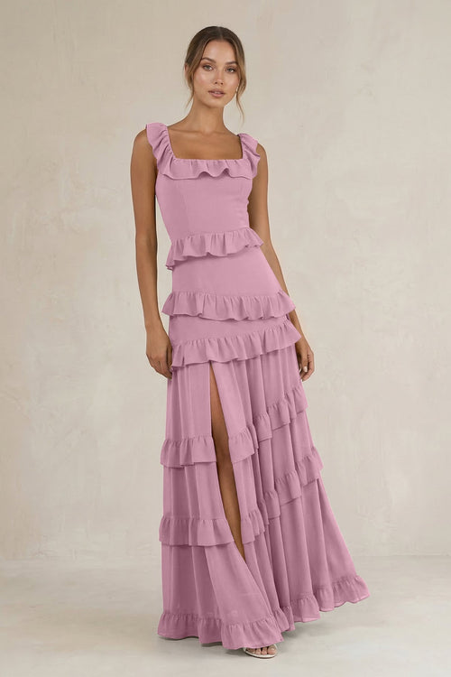 Tiered Square Neck Ruffled A - Line Bridesmaid Dress in Vintage Mauve - KissProm Bridesmaid Dresses