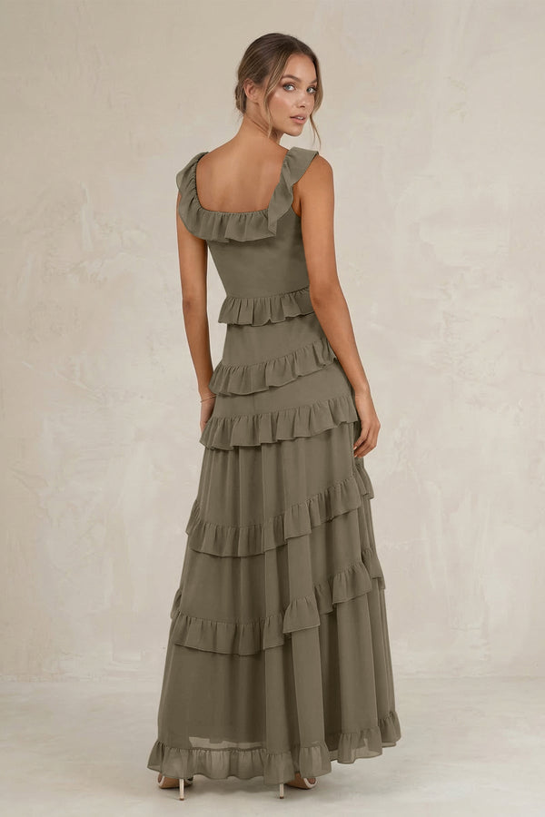 Tiered Square Neck Ruffled A - Line Bridesmaid Dress in Willow Green - KissProm Bridesmaid Dresses