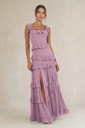 Tiered Square Neck Ruffled A - Line Bridesmaid Dress in Wisteria - KissProm Bridesmaid Dresses
