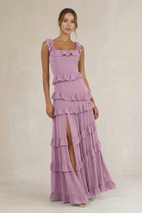 Tiered Square Neck Ruffled A - Line Bridesmaid Dress in Wisteria - KissProm Bridesmaid Dresses