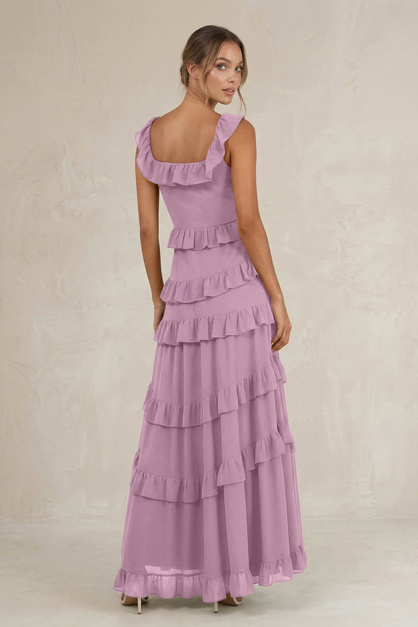 Tiered Square Neck Ruffled A - Line Bridesmaid Dress in Wisteria - KissProm Bridesmaid Dresses
