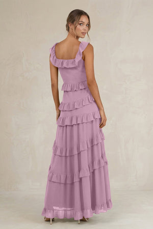 Tiered Square Neck Ruffled A - Line Bridesmaid Dress in Wisteria - KissProm Bridesmaid Dresses