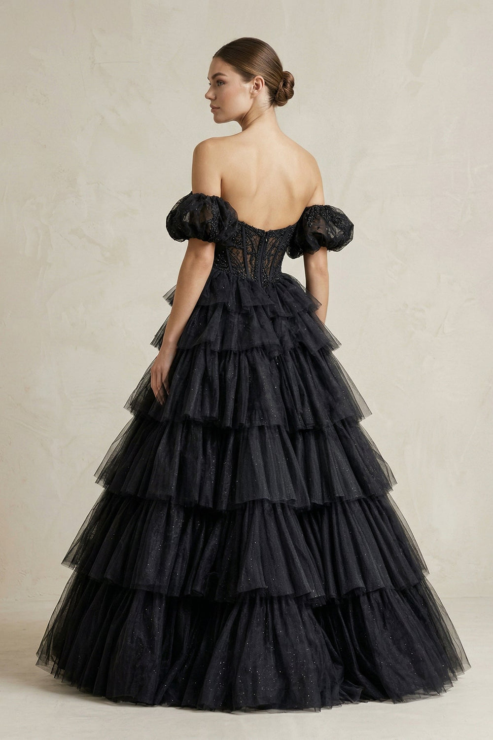 Tiered Tulle Off - the - Shoulder Ball - Gown Wedding Dress in Black - KissProm Wedding Dresses