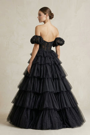 Tiered Tulle Off - the - Shoulder Ball - Gown Wedding Dress in Black - KissProm Wedding Dresses