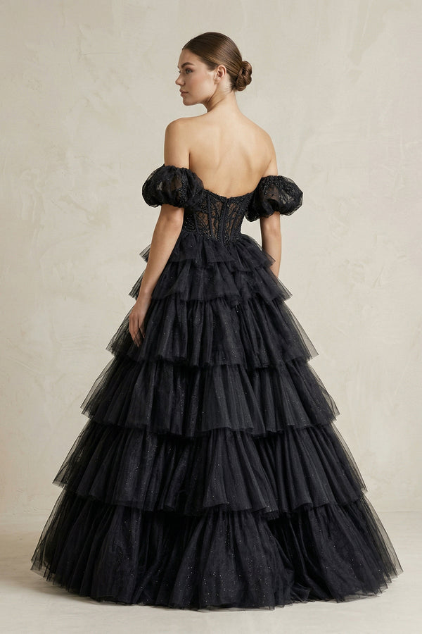 Tiered Tulle Off - the - Shoulder Ball - Gown Wedding Dress in Black - KissProm Wedding Dresses