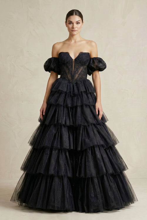 Tiered Tulle Off-the-Shoulder Ball-Gown Wedding Dress in Black, Black / 30 Tiered Tulle Off-the-Shoulder Ball-Gown Wedding Dress in Black, Black / 30