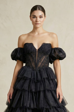Tiered Tulle Off - the - Shoulder Ball - Gown Wedding Dress in Black - KissProm Wedding Dresses