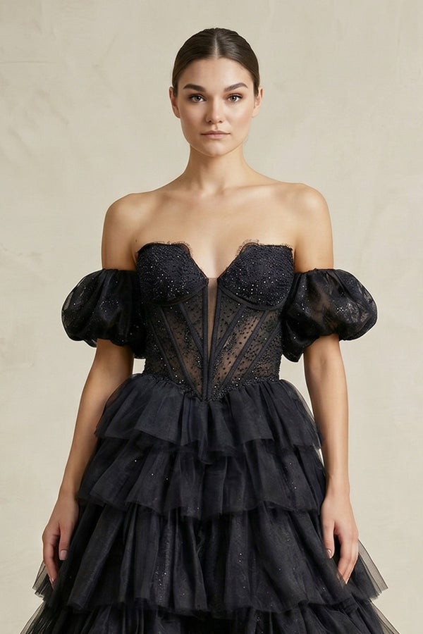 Tiered Tulle Off - the - Shoulder Ball - Gown Wedding Dress in Black - KissProm Wedding Dresses