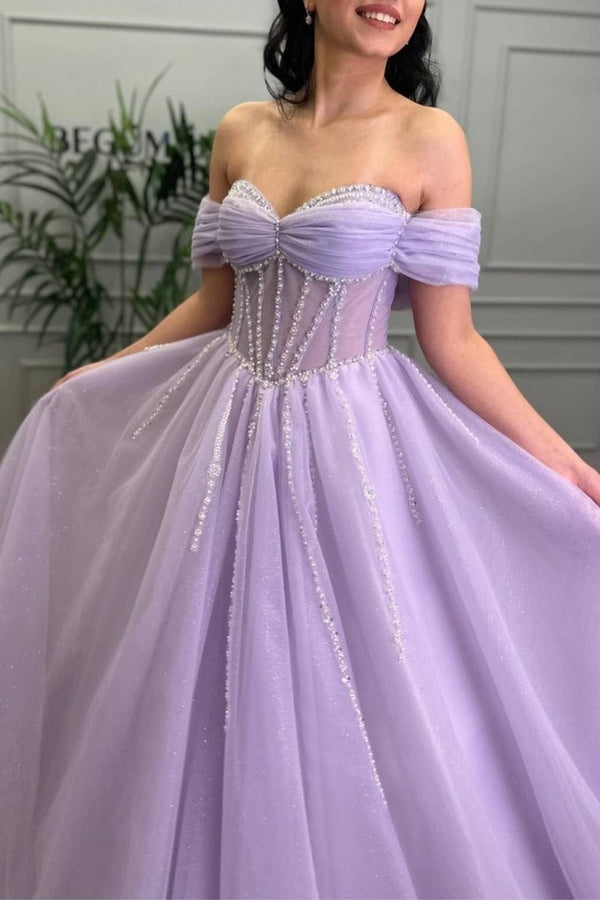 Tiffany | Lavender Beaded A - Line Tulle Prom Dress with Off Shoulder - KissProm