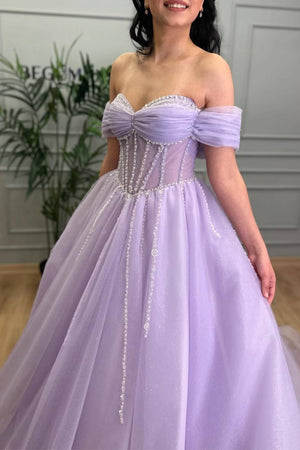 Tiffany | Lavender Beaded A - Line Tulle Prom Dress with Off Shoulder - KissProm
