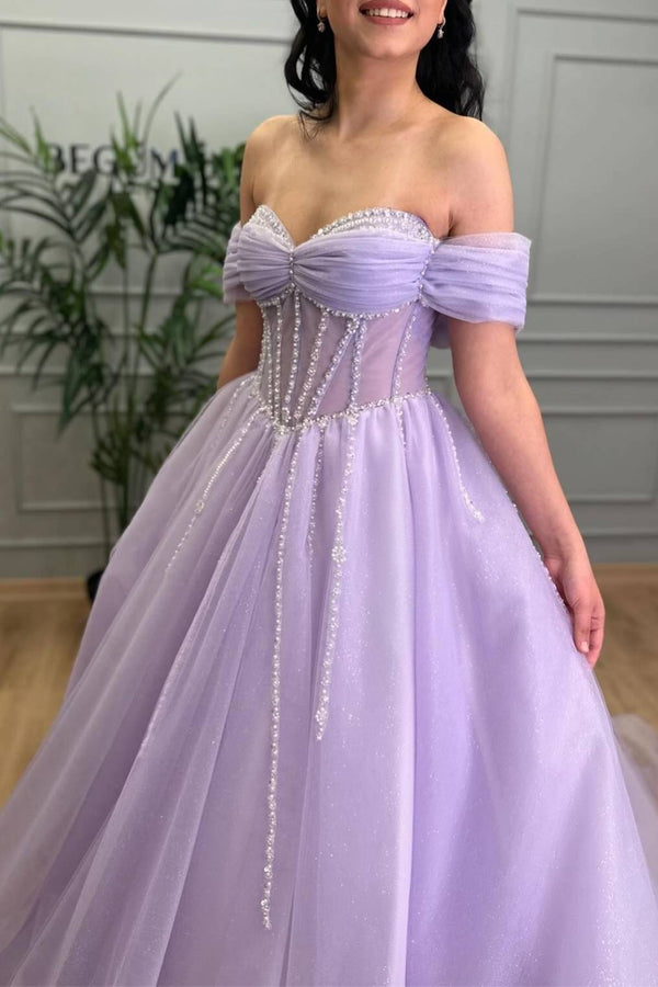 Tiffany | Lavender Beaded A - Line Tulle Prom Dress with Off Shoulder - KissProm
