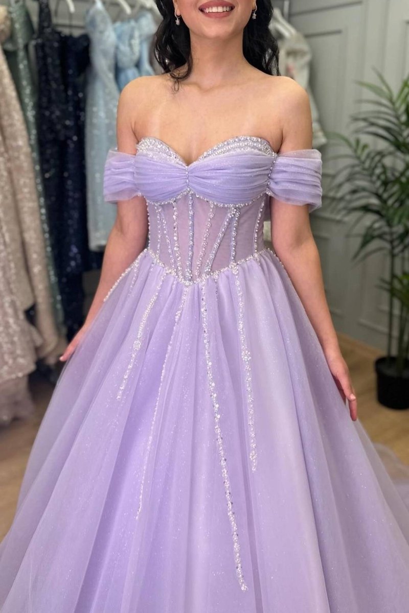Tiffany | Lavender Beaded A - Line Tulle Prom Dress with Off Shoulder - KissProm