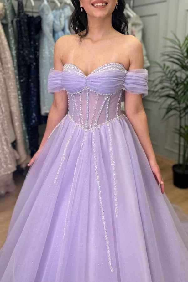 Tiffany | Lavender Beaded A - Line Tulle Prom Dress with Off Shoulder - KissProm