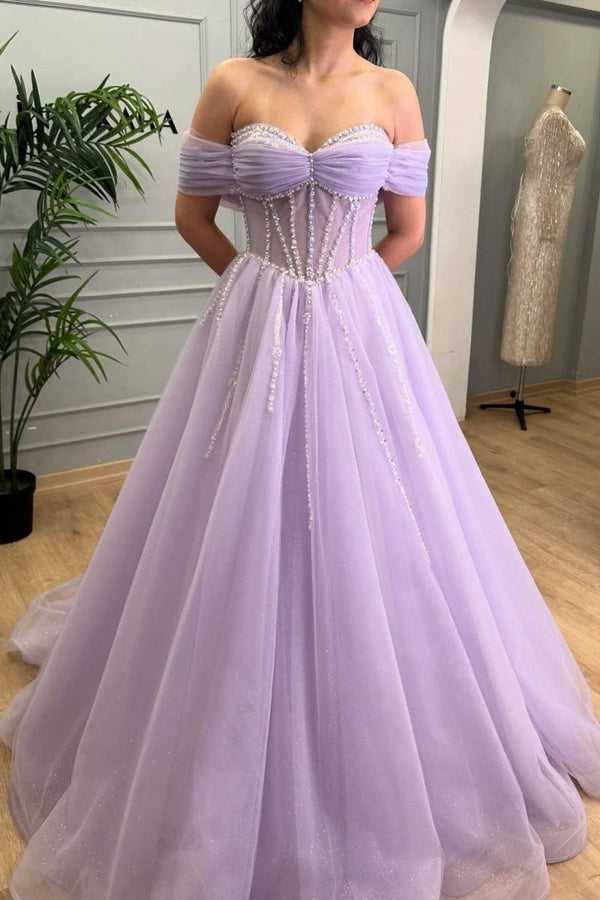 Tiffany | Lavender Beaded A - Line Tulle Prom Dress with Off Shoulder - KissProm