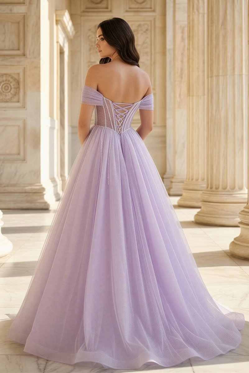 Lavender Beaded A-Line Tulle Prom Dress with Off Shoulder, Lavender / 16
