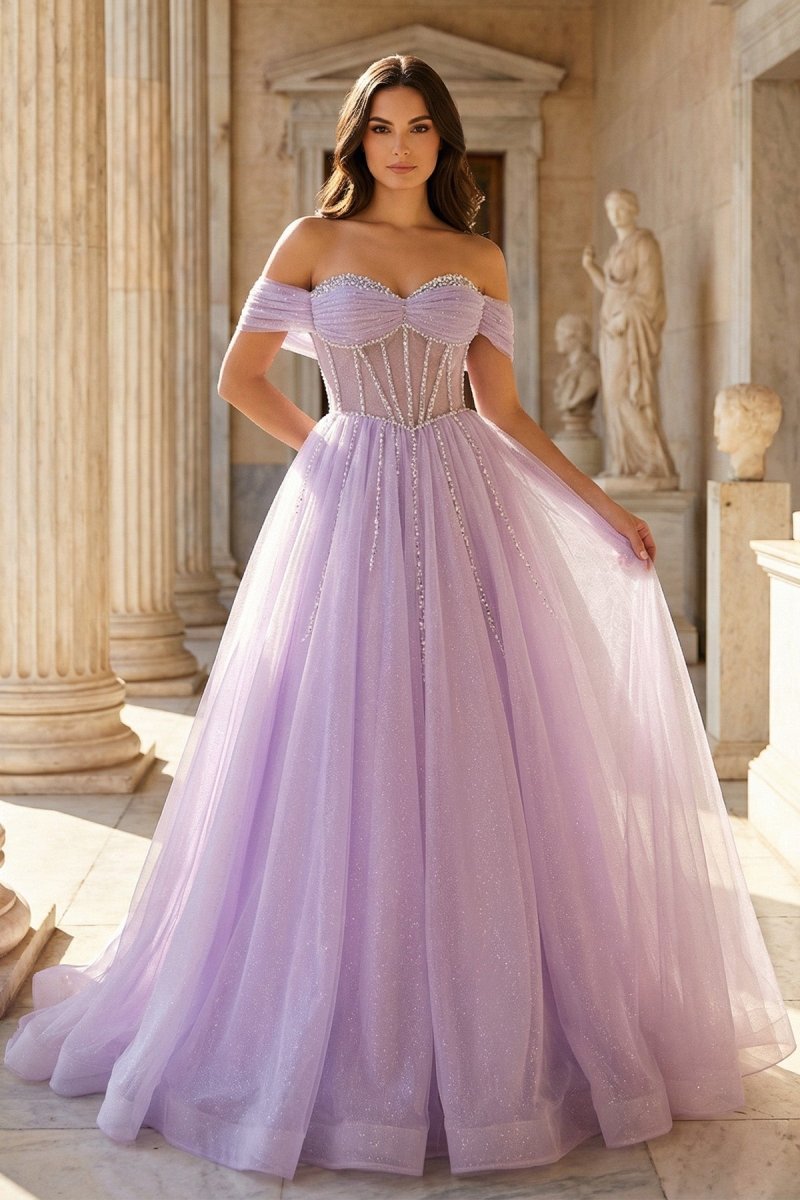 Lavender Beaded A - Line Tulle Prom Dress with Off Shoulder - KissProm
