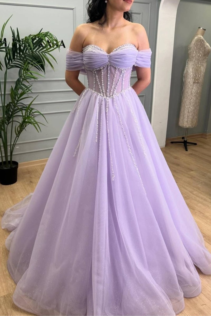 off the shoulder embellished prom dress Lavender Beaded A-Line Tulle Prom Dress with Off Shoulder, Lavender / 16