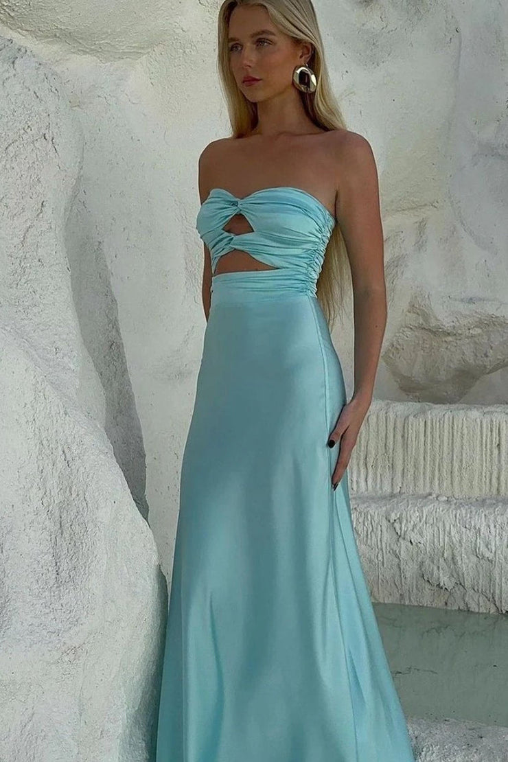 Cute Sheath Blue Long Prom Dress Tulle Strapless Evening Dress Sleeveless Birthday Dress DP04850