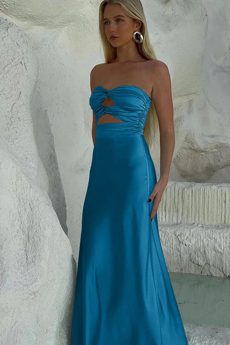 Strapless Aqua Blue Sheath Long Prom Dresses