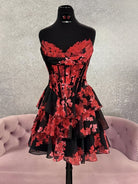 Tirzah | Red - Strapless Floral Chiffon A Line Corset Tiered Homecoming Dress With Appliques - KissProm