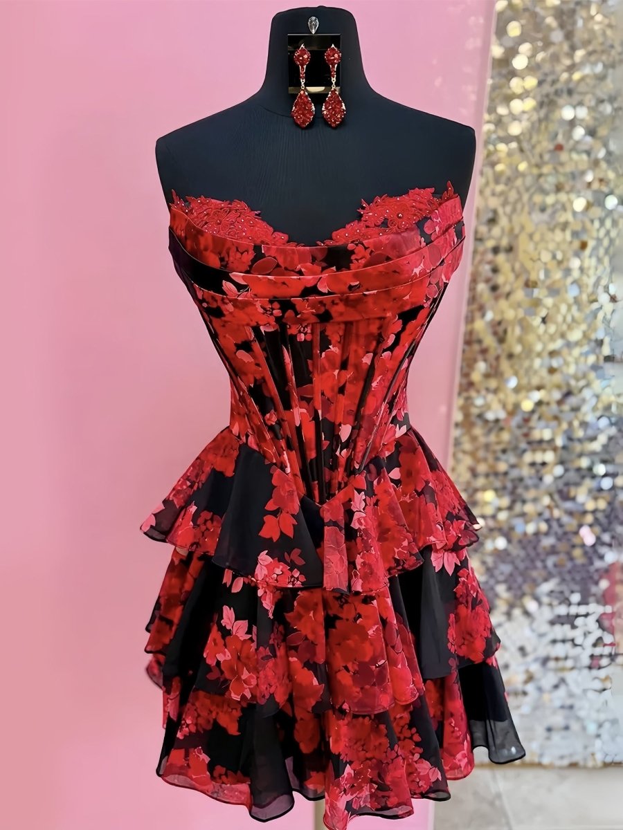 Tirzah | Red - Strapless Floral Chiffon A Line Corset Tiered Homecoming Dress With Appliques
