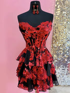 Tirzah | Red - Strapless Floral Chiffon A Line Corset Tiered Homecoming Dress With Appliques - KissProm
