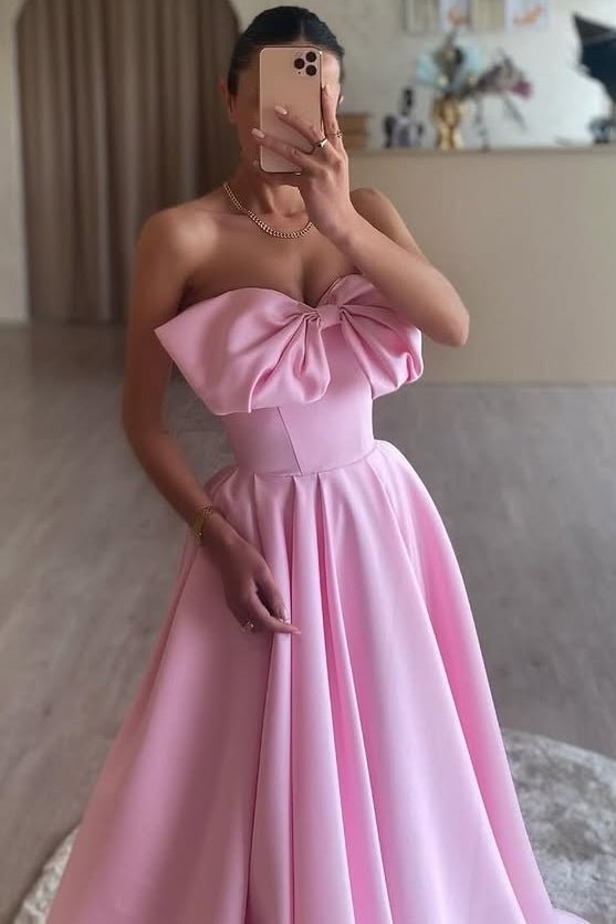 Pink A-Line Strapless Bow Satin Pleated Long Formal Prom Dress Pink / 6