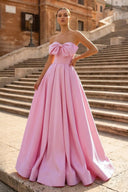 Pink A-Line Strapless Bow Satin Pleated Long Formal Prom Dress - KISSPROM PROM DRESSES