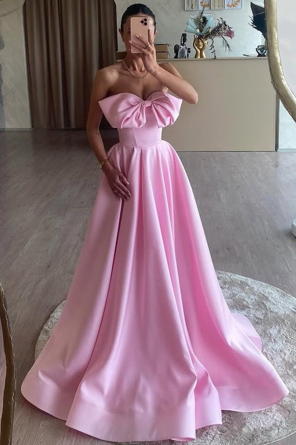 Pink A-Line Strapless Bow Satin Pleated Long Formal Prom Dress Pink / 6