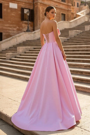 Pink A - Line Strapless Bow Satin Pleated Long Formal Prom Dress - KissProm