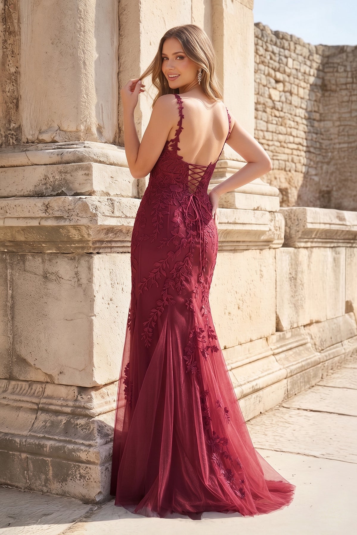 KissProm Mermaid Spaghetti Straps Lavender Lace Long Prom Dresses with Appliques, Burgundy / 16
