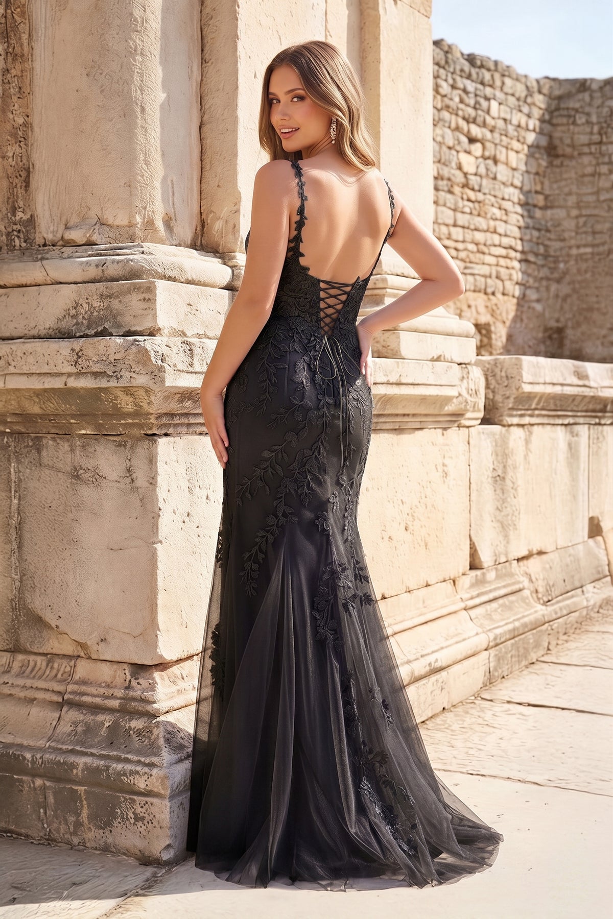 KissProm Mermaid Spaghetti Straps Lavender Lace Long Prom Dresses with Appliques, Black / 16