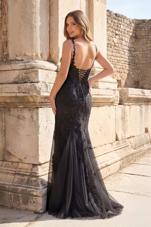Mermaid Spaghetti Straps Black Lace Long Prom Dresses with Appliques – Prom Dresses by KissProm | Available at KissProm