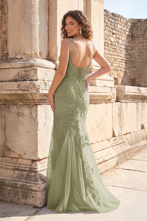 Mermaid Spaghetti Straps Dusty Sage Lace Long Prom Dresses with Appliques – Prom Dresses by KissProm | Available at KissProm