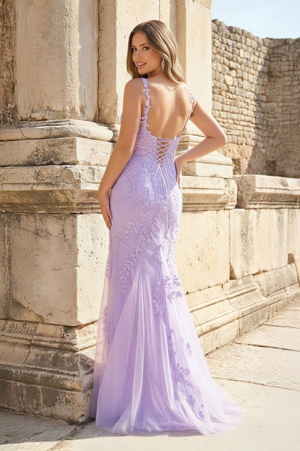 Mermaid V Neck Lavender Lace Long Prom Dresses with Appliques - KissProm