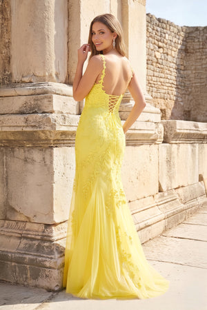 Mermaid Spaghetti Straps lemon Lace Long Prom Dresses with Appliques – Prom Dresses by KissProm | Available at KissProm