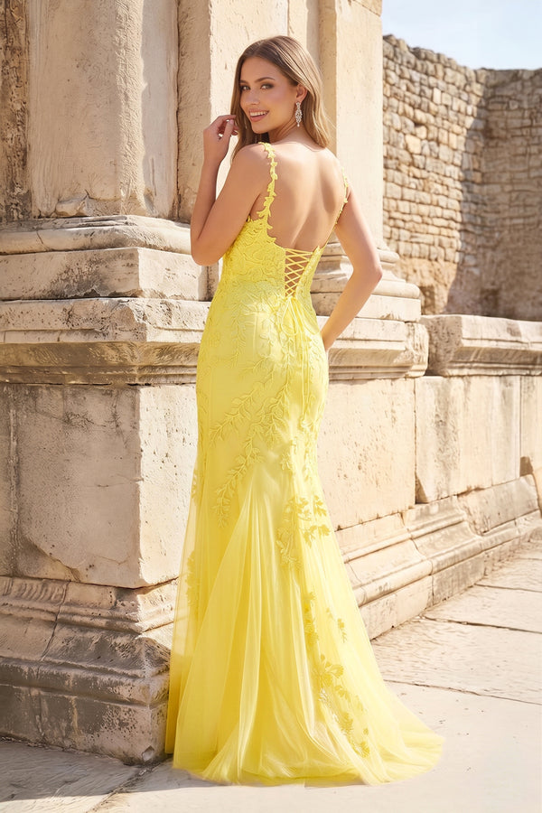 Mermaid Spaghetti Straps lemon Lace Long Prom Dresses with Appliques – Prom Dresses by KissProm | Available at KissProm