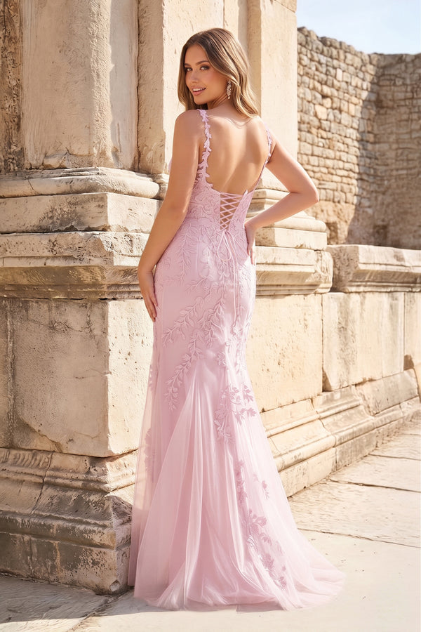 Mermaid Spaghetti Straps Pink Lace Long Prom Dresses with Appliques – Prom Dresses by KissProm | Available at KissProm