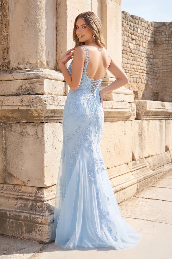 Mermaid Spaghetti Straps Sky Blue Lace Long Prom Dresses with Appliques – Prom Dresses by KissProm | Available at KissProm