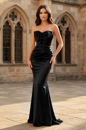 Mermaid Sweetheart Dark Green Satin Long Prom Dresses with Bow - KissProm