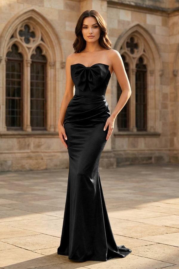 Mermaid Sweetheart Dark Green Satin Long Prom Dresses with Bow - KissProm