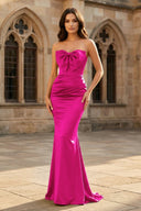 Mermaid Sweetheart Dark Green Satin Long Prom Dresses with Bow - KissProm
