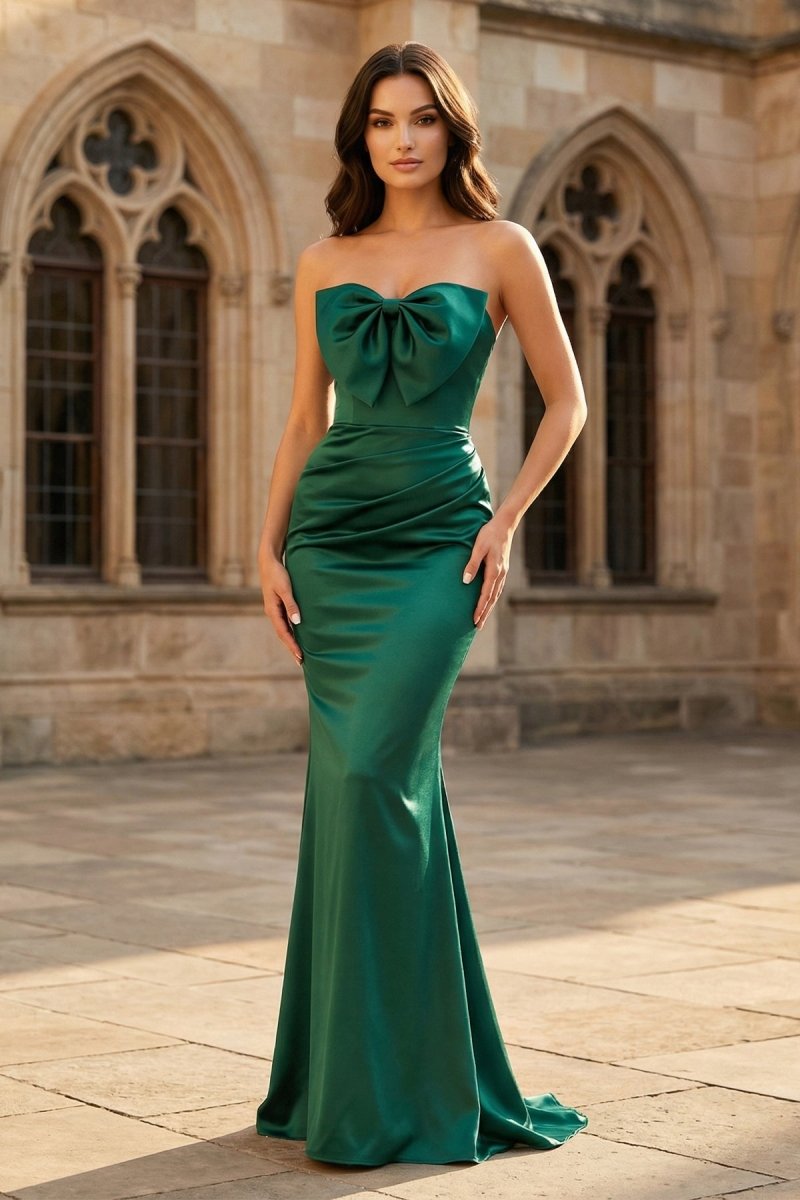 Mermaid Sweetheart Dark Green Satin Long Prom Dresses with Bow - KissProm